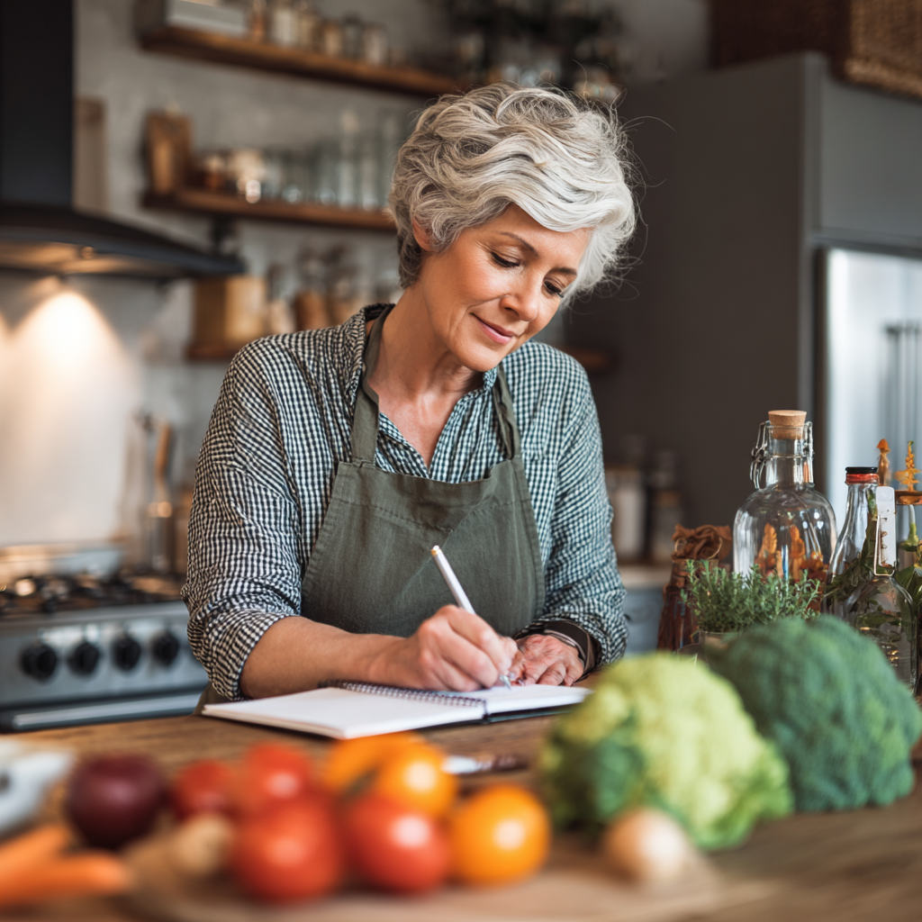 Middle-aged woman planning healthy meals in modern kitchen